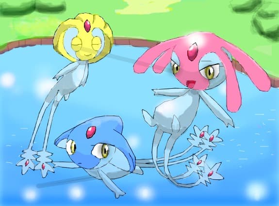 UXIE (galben); MESPRIT (roz); AZELF (bleo)