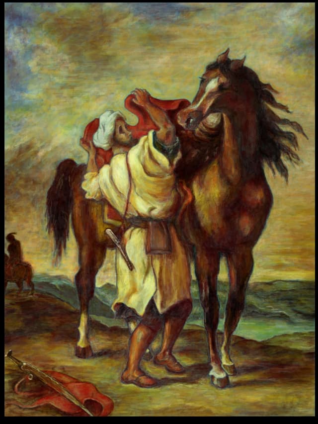 Arab saddling his horse