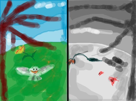pamantul inainte si dupa poluare.desenat repede:D ca merge foarte greu