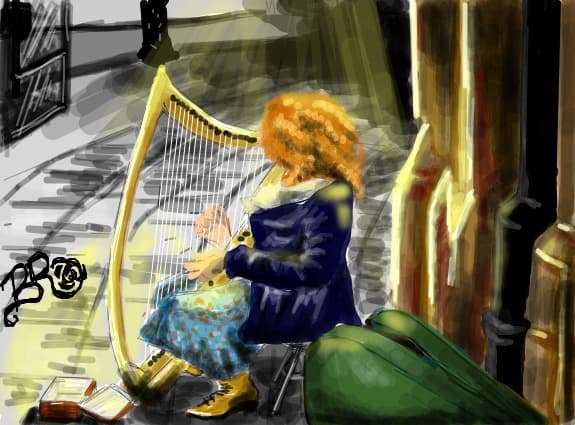 playing the harp on Graffton Street