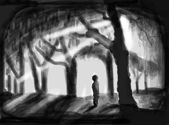 Alone in a dark forest.