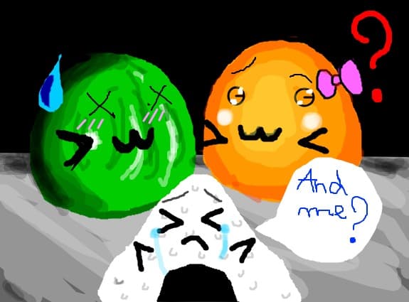 some cute thing an apple, an orange...and an onighiri?( ball of rice)