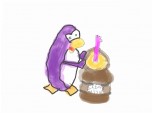 pinguin care impinge un butoi de cream soda