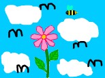 un desen de gradinita:o floare,cer,nori,o albinutza si ciori