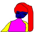 o fata cu fatza albastra,parul rosu,maini galbene,bulza roza.