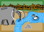 Un elefant care bra apa dintr-un parau si o rata care se scalda in el...